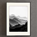 Black and White Landscape Painting With Layered Misty Distant Mountains