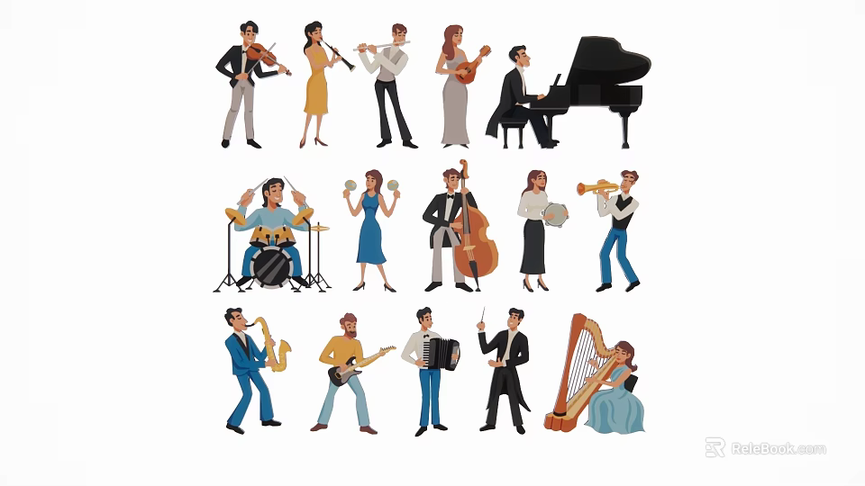 Decorative Musician Figurine Set with Violin Piano Drum Cello Saxophone Guitar Harp Players 3d model 