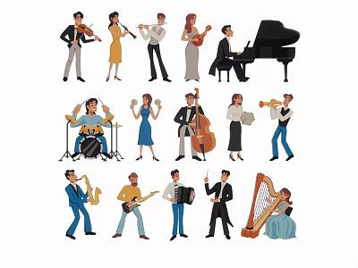 Decorative Musician Figurine Set with Violin Piano Drum Cello Saxophone Guitar Harp Players 3d model