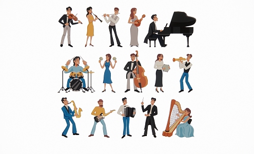 Modern 2D Cartoon Music Performance Singer Character Band Musical Instrument Music Silhouette 3d model