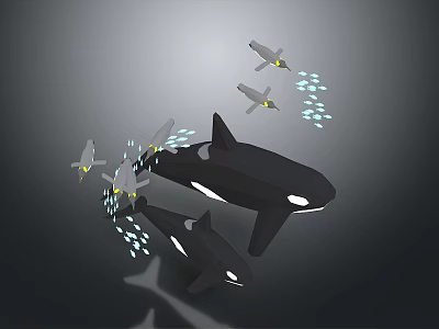 Two Black Orcas Swimming With Drones And Blue Lights In Dark Background 3d model