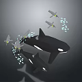Two Black Orcas Swimming With Drones And Blue Lights In Dark Background 3d model
