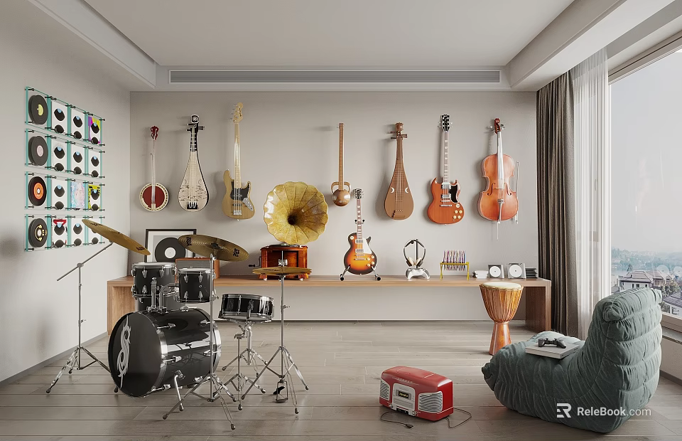 Creative Studio with Musical Instruments Art Supplies Hanging Guitars Violins Drum Set and Paintings 3d model 