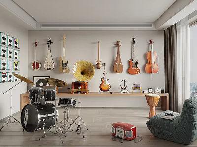 Creative Studio with Musical Instruments Art Supplies Hanging Guitars Violins Drum Set and Paintings 3d model