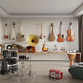 Creative Studio with Musical Instruments Art Supplies Hanging Guitars Violins Drum Set and Paintings