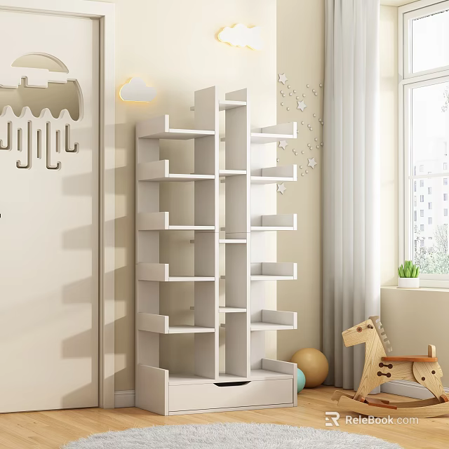 White Multi Tiered Bookcase In Kids Room With Wall Decor And Natural Light 3d model 