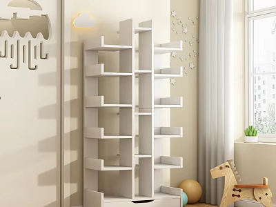 White Multi Tiered Bookcase In Kids Room With Wall Decor And Natural Light 3d model
