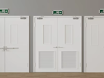Three White Safety Doors Including Double And Single With Green Directional Signs 3d model
