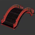 Red Japanese Arch Bridge Design With Wooden Steps And Railings