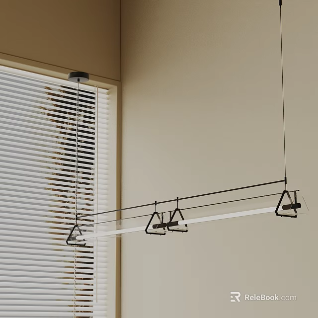 Linear Modern Pendant Chandelier with Sleek Black Frame Hanging Near Vertical Blinds on Beige Wall 3d model 