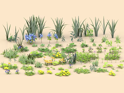Diverse Garden Flowers And Herbs With Green Plants Blue Yellow Blooms Leafy Varieties 3d model