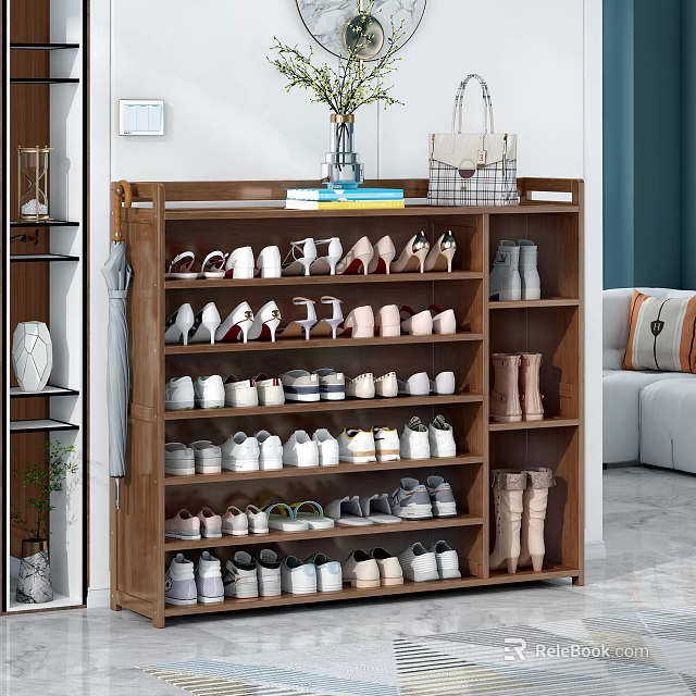 Wooden Multi Tiered Shoe Cabinet Organizer With Vase Handbag Books Storing Various Shoes 3d model 
