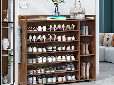 Wooden Multi Tiered Shoe Cabinet Organizer With Vase Handbag Books Storing Various Shoes 3d model