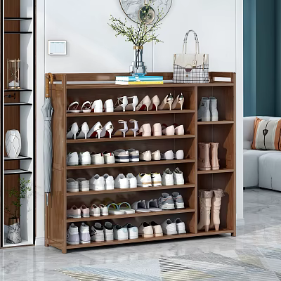 Wooden Multi Tiered Shoe Cabinet Organizer With Vase Handbag Books Storing Various Shoes 3d model