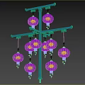 Multiple Blue Decorative Lanterns With Tassels Hanging On Crossbar Frame 3d model