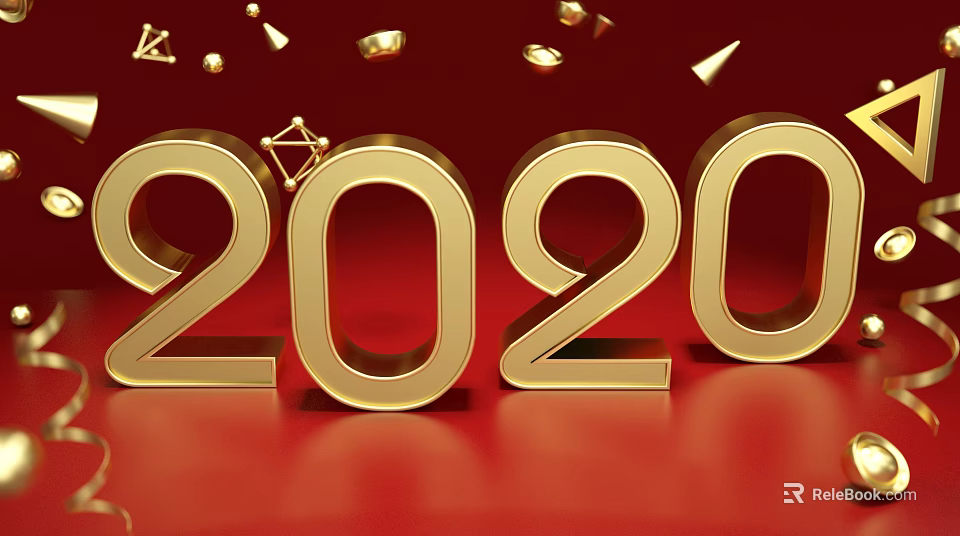 Golden 2020 Numbers On Festive Red Background With Floating Decorative Elements 3d model 