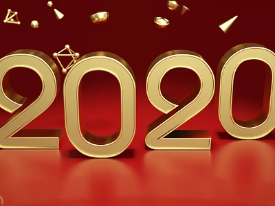 Golden 2020 Numbers On Festive Red Background With Floating Decorative Elements 3d model