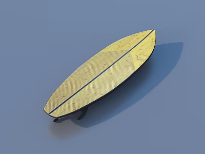 Yellow Wooden Surfboard With Blue Stripe And Black Fins For Outdoor Recreation 3d model