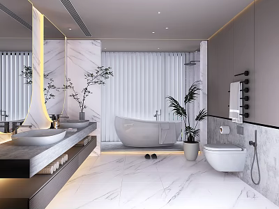 Modern Bathroom Interior With Marble Countertops Double Sinks White Bathtub And Green Plants 3d model