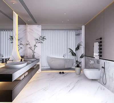 Modern Bathroom Interior With Marble Countertops Double Sinks White Bathtub And Green Plants 3d model