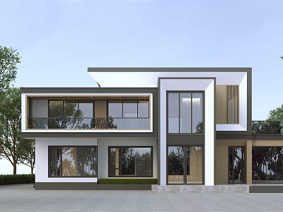 Modern Detached Villa Exterior Design With Two Story Glass Windows Balcony and Trees 3d model