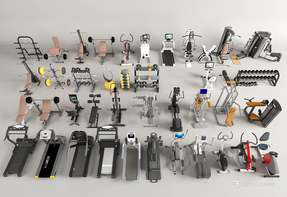 Various Types of Sports Equipment Including Treadmills Dumbbells Benches And Ellipticals 3d model 