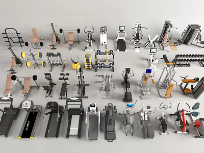 Various Types of Sports Equipment Including Treadmills Dumbbells Benches And Ellipticals 3d model