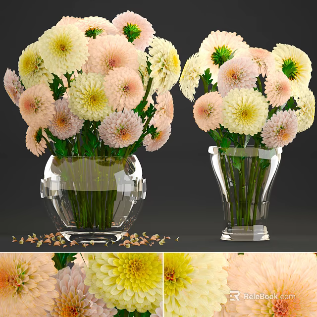 Transparent Glass Vases With Pink And Yellow Dahlia Flowers And Scattered Petals 3d model 