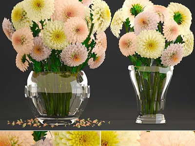Transparent Glass Vases With Pink And Yellow Dahlia Flowers And Scattered Petals 3d model