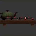 Japanese Tea Serving Set With Green Teapot Matcha Cups Colorful Dango Skewers On Wooden Tray