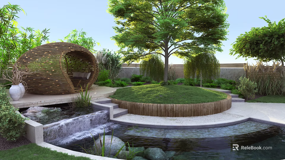 Tranquil Courtyard Garden Design Featuring Circular Lawn Wooden Fence Small Waterfall Pond And Lush Greenery 3d model 
