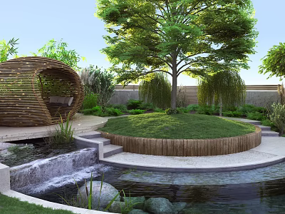 Tranquil Courtyard Garden Design Featuring Circular Lawn Wooden Fence Small Waterfall Pond And Lush Greenery 3d model