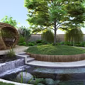 Tranquil Courtyard Garden Design Featuring Circular Lawn Wooden Fence Small Waterfall Pond And Lush Greenery