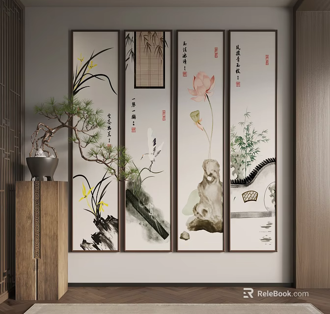 Traditional Chinese Ink Landscape Paintings with Orchids Bamboo Lotus and Pine Tree Elements 3d model 