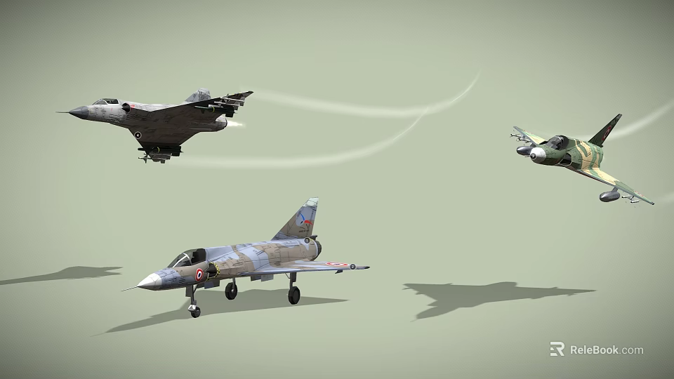 Fighter Jets Flying In Sky With Contrails And One On Ground With Shadows 3d model 