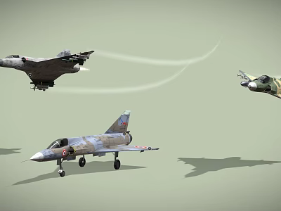 Fighter Jets Flying In Sky With Contrails And One On Ground With Shadows 3d model