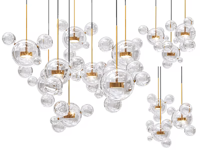 Modern Elegant Chandelier with Multiple Transparent Glass Balls and Golden Frames 3d model