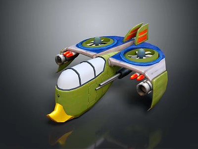 Green Cartoon Flying Vehicle 3D Model With Blue Propellers And Yellow Front 3d model