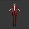 Woman Wearing Red Top Red Leather Pants Red Gloves With Long Hair Against Gray Background
