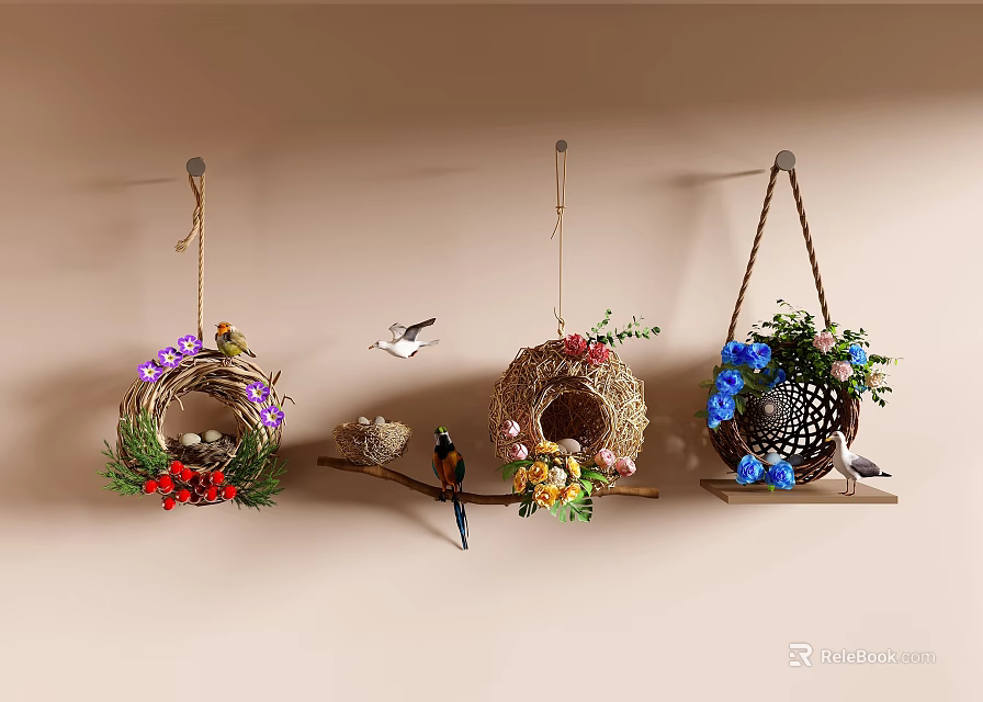 Aerial View of Wall Mounted Bird Nest Decorations With Various Colored Flowers And Bird Models 3d model 