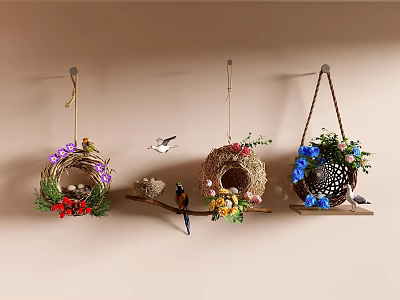 Aerial View of Wall Mounted Bird Nest Decorations With Various Colored Flowers And Bird Models 3d model