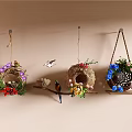 Aerial View of Wall Mounted Bird Nest Decorations With Various Colored Flowers And Bird Models