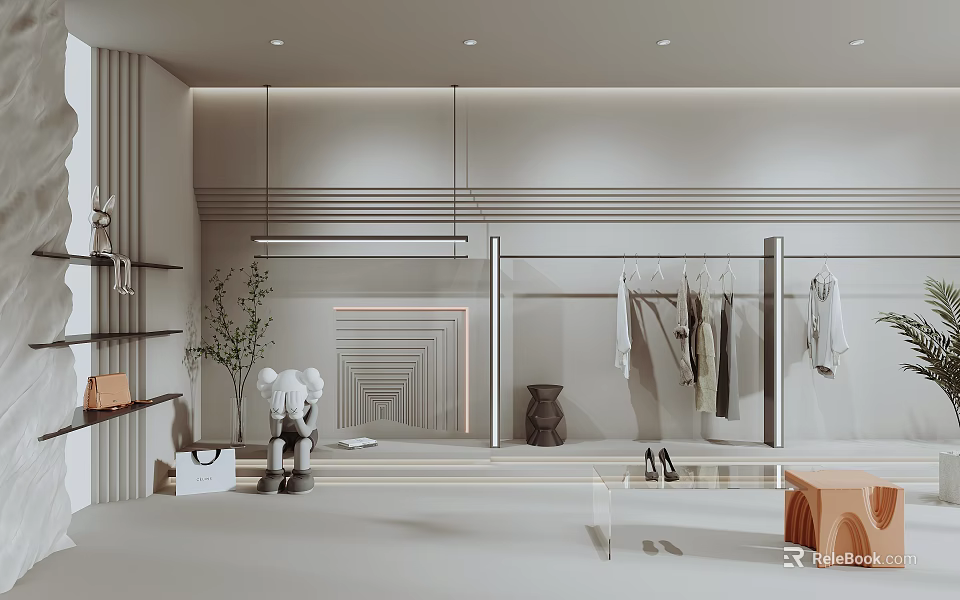 Modern Clothing Store Interior Featuring Racks With Hanging Apparel And Decorative Items 3d model 