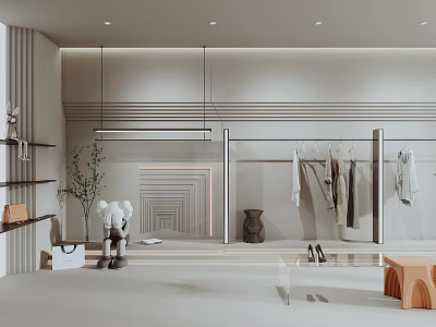 Modern Clothing Store Interior Featuring Racks With Hanging Apparel And Decorative Items 3d model
