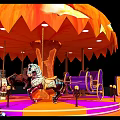 Pumpkin Shaped Carousel With Carousel Horses Carriage Purple Pink Platform And Decorative Lights