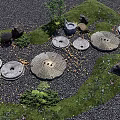 Japanese Zen Garden With Stone Millstones Pebble Pathway Lantern And Green Plants