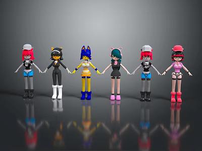 Colorful Cartoon Characters With Various Costumes Standing In A Row With Reflections 3d model