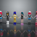 Colorful Cartoon Characters With Various Costumes Standing In A Row With Reflections