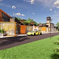 Modern Commercial Street Design With Greenery Outdoor Seating And Shops