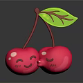 Cute Pink Cherries with Smiling Faces Red Stems and Green Leaf on Dark Background 3d model
